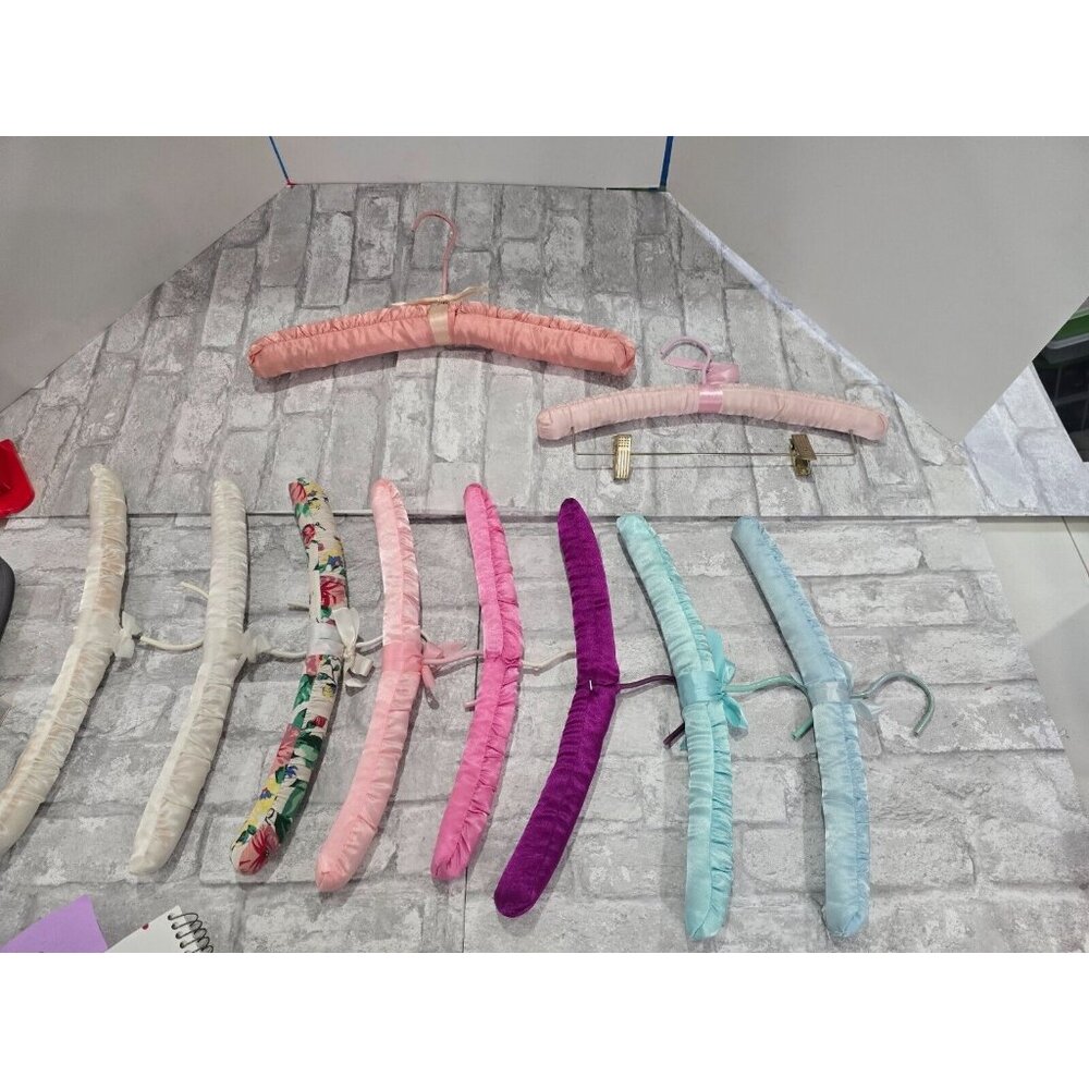 Vintage Padded Satin Boudoir Lingerie Clothes 15" Hangers Colorful 80s Lot of 10